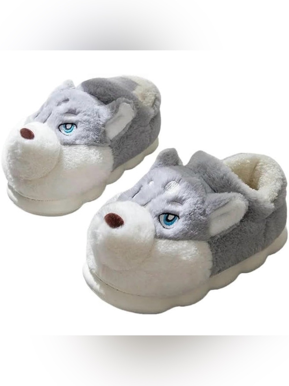 Plush Husky Animal Slippers in Gray and White
